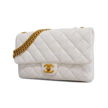 CHANEL Shoulder Bag Matelasse W Chain Lambskin White Gold Hardware Women's