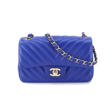 CHANEL Chevron V Stitch Mini Chain Shoulder Bag Leather Blue A69900 Gold Hardware