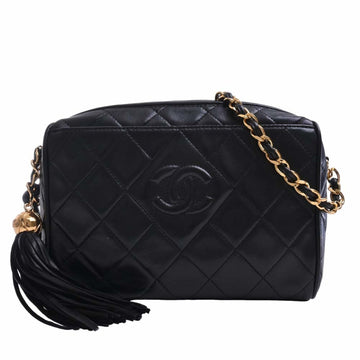 CHANEL Lambskin Matelasse Coco Mark Tassel Chain Shoulder Bag Black Ladies