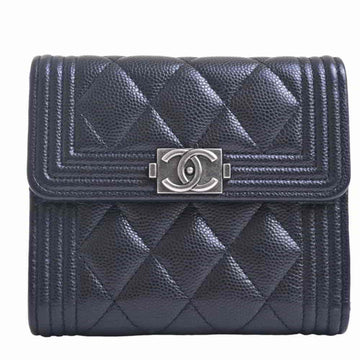 Chanel Caviar Skin Boy Cocomark Trifold Compact Wallet Black