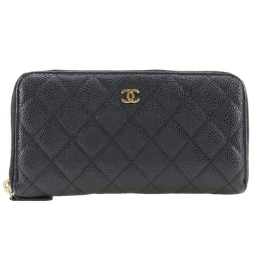 CHANEL Round Zipper Long Wallet Matelasse Coco Mark A50097 Caviar Skin Made in France Black Zip Around Women's