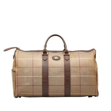 BURBERRY Check Boston Bag Khaki Brown Canvas Leather Women's