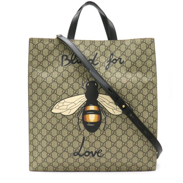 Gucci GG Supreme Bee 25 Tote Bag Shoulder PVC Leather Khaki Beige Black 450950