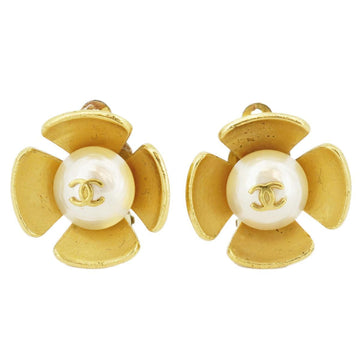 CHANEL earrings vintage here mark flower motif GP plated gold white 95A ladies