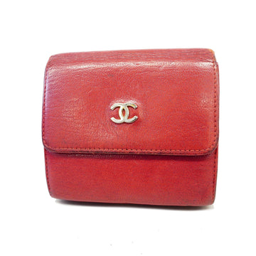 Chanel tri-fold wallet leather red silver metal