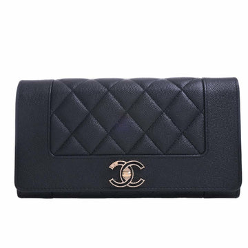 CHANEL Leather Mademoiselle Coco Mark Bifold Long Wallet Black Ladies