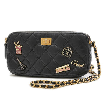 Chanel 2.55 Embroidered Chain Clutch Shoulder Bag Leather Black