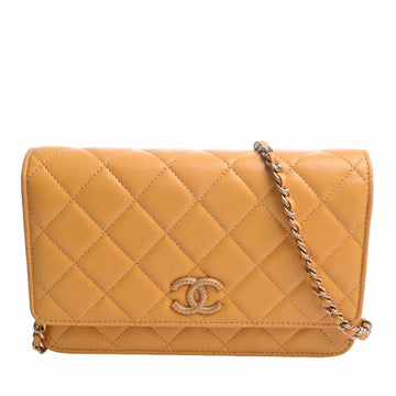 CHANEL Leather Matelasse Coco Mark Chain Shoulder Wallet Long Yellow Ladies