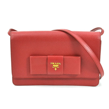 PRADA Shoulder Wallet Saffiano Ribbon Leather Red Ladies BT1009