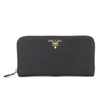 PRADA Saffiano Round Zipper Long Wallet Leather Black 1ML506 Gold Hardware