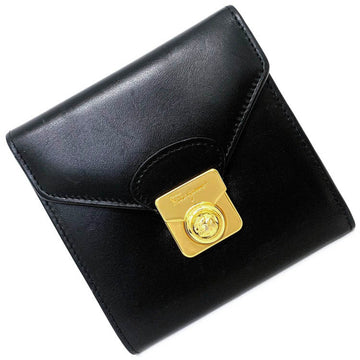 SALVATORE FERRAGAMO Ferragamo Tri-Fold Wallet Black Gold 224065 Calf Leather Salvatore Ladies