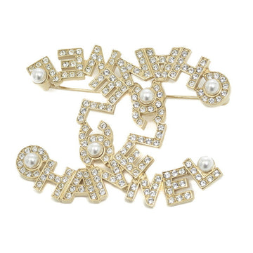 CHANEL brooch here mark logo rhinestone/pearl gold A20B