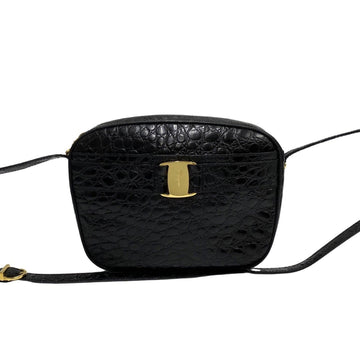SALVATORE FERRAGAMO Vara Ribbon Leather Genuine Mini Shoulder Bag Pochette Black