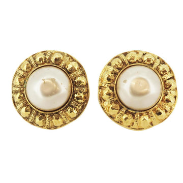 CHANEL earrings vintage round circle fake pearl GP plated yellow gold ladies