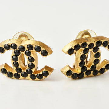 CHANEL earrings  here mark rhinestone / black gold