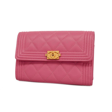 CHANEL Trifold Wallet Boy Lambskin Pink Gold Hardware Women's