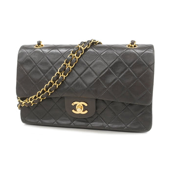 Chanel shoulder bag matelasse W flap W chain lambskin black goal metal