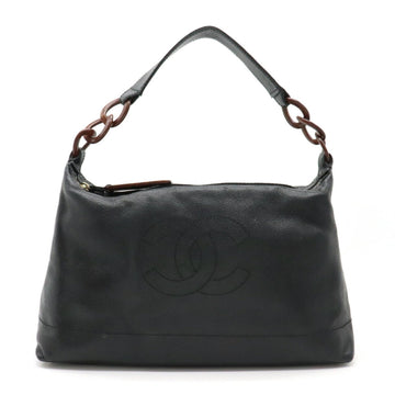 Chanel wood chain shoulder bag one caviar skin leather black