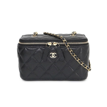 CHANEL Matelasse Small Vanity Case Chain Shoulder Bag Caviar Skin Leather Black AP1341