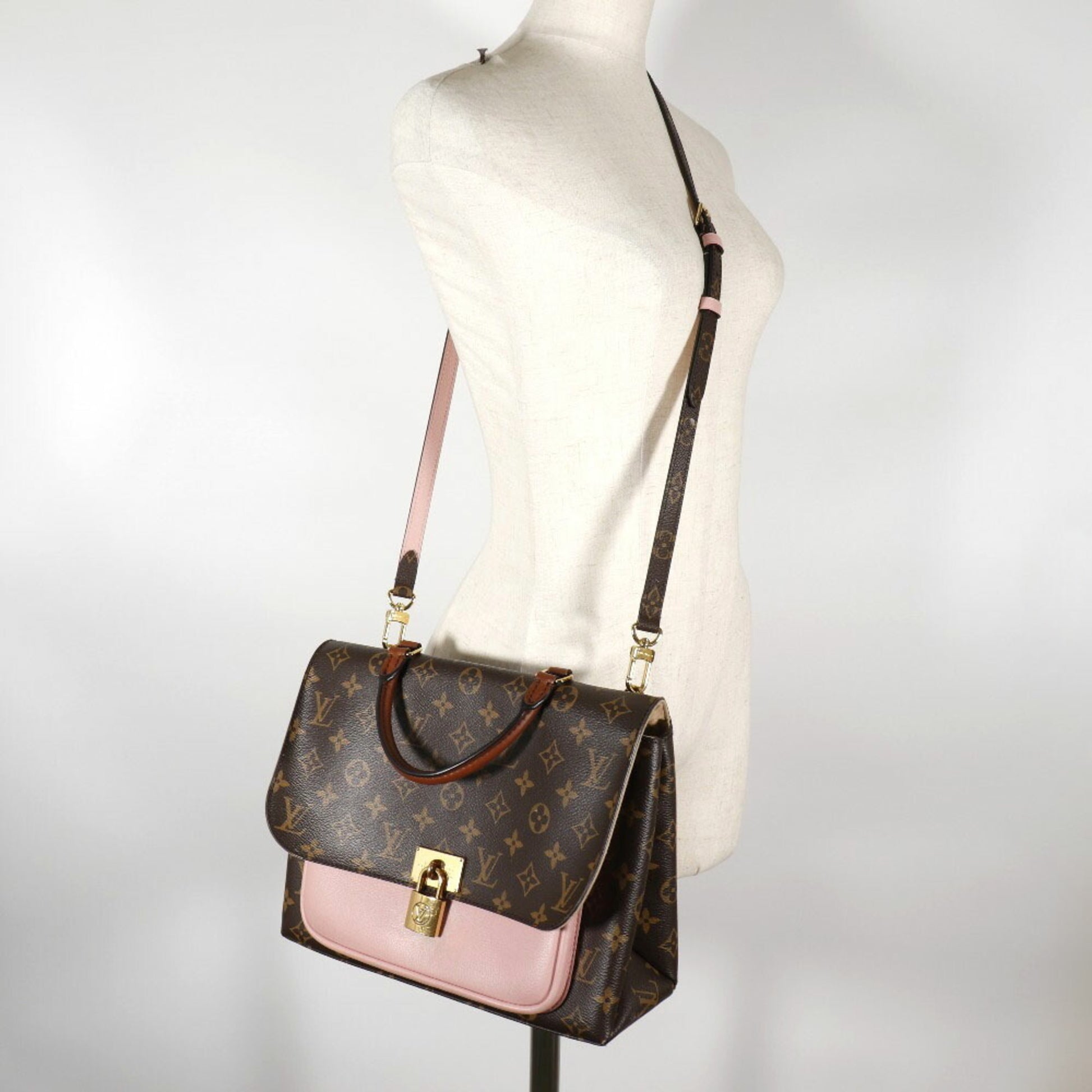 Louis Vuitton Marignan Handbag 2Way Shoulder M43960 Monogram Canvas x Calf Rose Poodle Brown/Pink AR4128 Ladies
