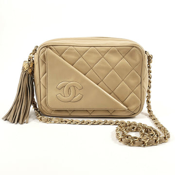 CHANEL Matelasse Chain Shoulder Coco Mark Fringe Bag Lambskin Ladies Beige