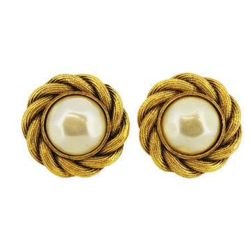 CHANEL earrings vintage round circle flower motif fake pearl GP plated gold white ladies