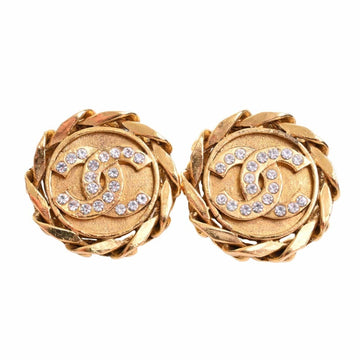 CHANEL Rhinestone Coco Mark Earrings Gold Ladies