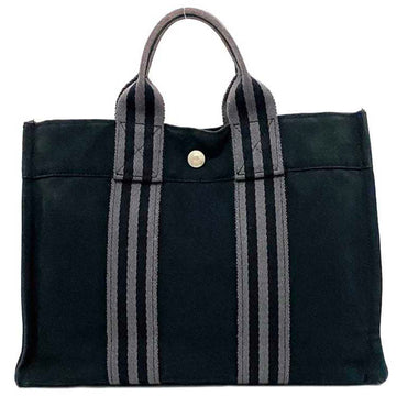 HERMES Handbag Four Toe PM Black Gray Canvas  Stripe Tote Women's Men's