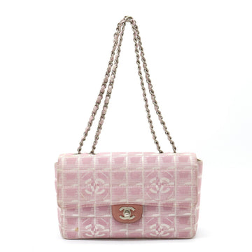 CHANEL New Line Shoulder Bag Chain Nylon Jacquard Leather Pink A15285