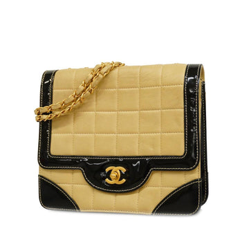 CHANEL Shoulder Bag Chocolate Bar W Chain Lambskin Patent Leather Black Beige Gold Hardware Women's