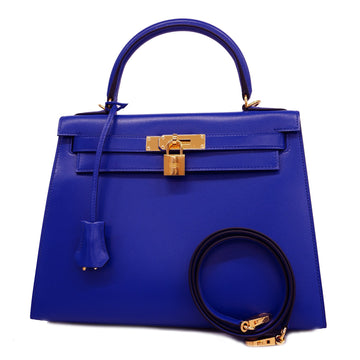 HERMESAuth  Kelly 28 A Stamped Tadelakt Leather Handbag Blue Electric