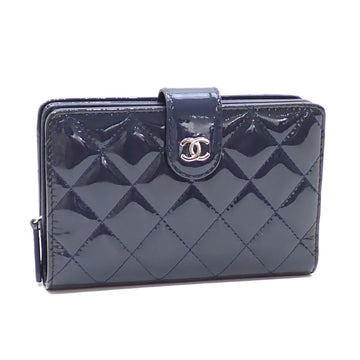 CHANEL Bifold Wallet Women's Navy Patent Leather Coco Mark