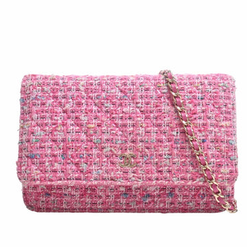 CHANEL Tweed Matelasse Coco Mark Chain Shoulder Long Wallet Pink Ladies