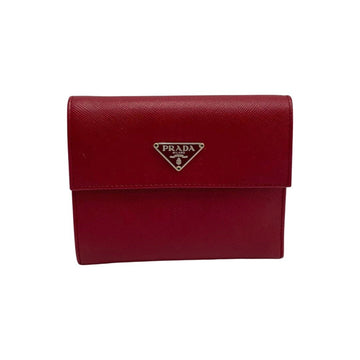 PRADA Triangle Logo Metal Fittings Saffiano Leather Genuine Bifold Wallet Mini Red