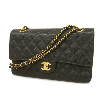 Chanel Shoulder Bag Matelasse W Flap W Chain Caviar Skin Black Gold metal