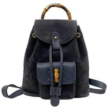 GUCCI Backpack 003 2058 0030 Suede Leather Bamboo  Flap Women's Bag Dark Blue