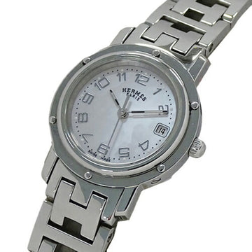 HERMES Watch Ladies Clipper Nacre Shell Date Quartz Stainless Steel SS CL4.210 Silver Round Polished