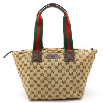 GUCCI GG Nylon Sherry Line Tote Bag Shoulder Canvas Leather Khaki Beige Dark Brown 131230