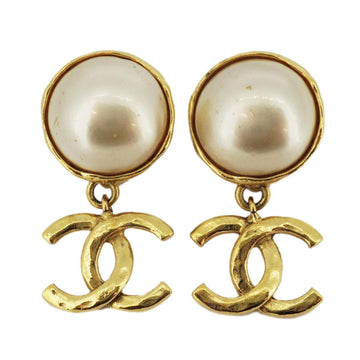 CHANEL Earrings Vintage Coco Mark Round Circle Fake Pearl GP Plated Gold White 94A Ladies