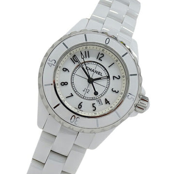 CHANEL Watch Ladies J12 Date Quartz Ceramic Stainless Steel SS H0968 White Silver Polished