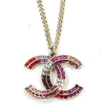 CHANEL Cocomark Rhinestone Necklace Pink Red A15 S Pendant Gold GP Ladies