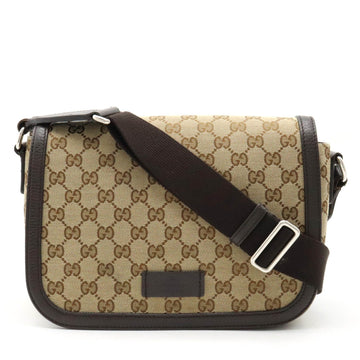 GUCCI GG Canvas Shoulder Bag Leather Khaki Beige Dark Brown 449172