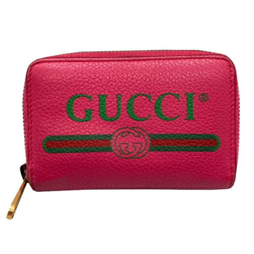 GUCCI Print Leather Card & Coin Case Pink Vintage Logo Zip Around Purse Compact Wallet Round Zipper