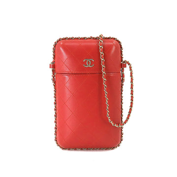 CHANEL Matelasse Chain Phone Holder Shoulder Bag Leather Red A94471