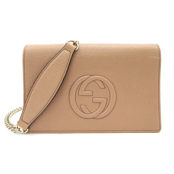 GUCCI Chain Soho Interlocking G 598211 Beige Leather Shoulder Clutch Bag Women's Long Wallet GG