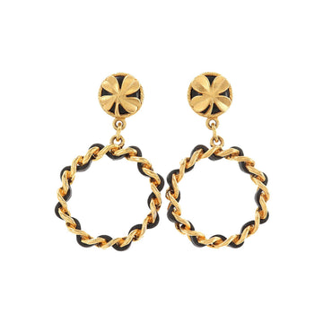 Chanel swing chain hoop clover motif earrings black gold accessories vintage 94C Vintage Earrings