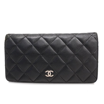 CHANEL Long Wallet Matelasse Lambskin Black Silver Hardware Women's