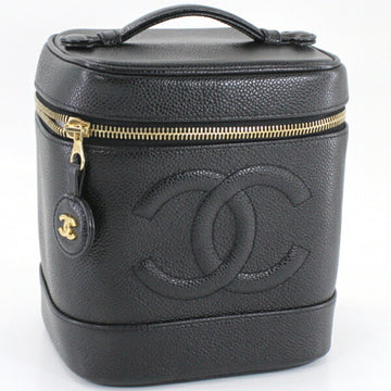 CHANEL Vanity Bag Caviar Skin Makeup Case Pouch Coco Mark Black Leather Handbag A01998