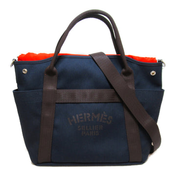 HERMES Sac de Pansage Groom Tote Bag Navy Feu Toile Chevrons canvas