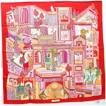 SALVATORE FERRAGAMO Silk Scarf Red Animal Pattern  | Ladies Paper Tiger Elephant Horse Bird